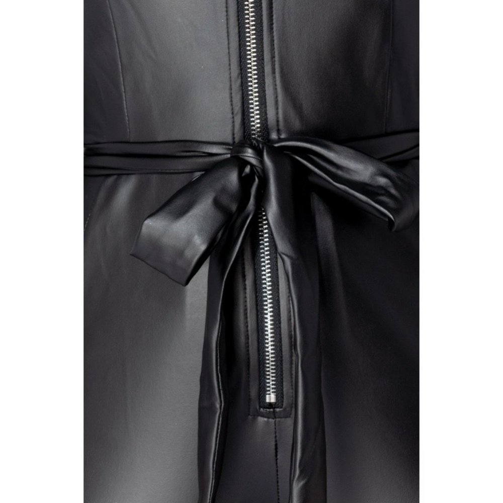 Black Vegan Leather Faux Leather Long Sleeve Belted Bodycon Jumpsuit Playsuit - Picture 13 of 14